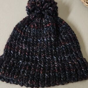 Chunky Knit Pom-Pom Beanie - Black/Multi Color Alpaca Yarn Handmade